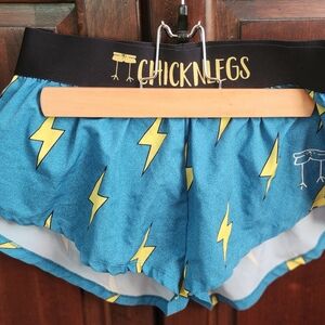 Chicknlegs Women's Blue Athletic Shorts with Yellow Lightning Print